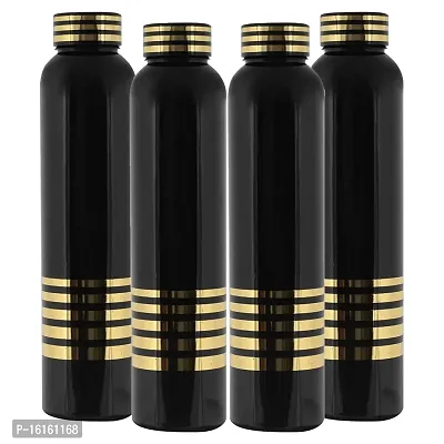 HOMIZE Golden Strip Design Black Plastic Water Bottles for Fridge, Office, School, Gym, Black Color, 4 Piece Set