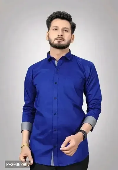 Reliable Blue Cotton Blend Solid Long Sleeves Casual Shirt For Men