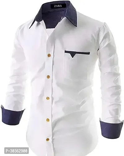 Reliable White Cotton Blend Solid Long Sleeves Casual Shirt For Men-thumb0