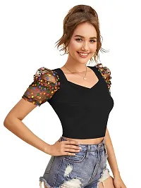 Women's Crop V Neck Short Print Net Sleeve Knitted Solid Top-thumb3