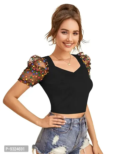 Women's Crop V Neck Short Print Net Sleeve Knitted Solid Top-thumb4