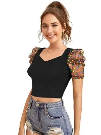 Women's Crop V Neck Short Print Net Sleeve Knitted Solid Top-thumb4