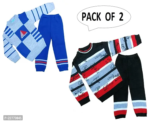 Fashion Winter Warm Fleece Kid's Printed Sweatshirt and Pyjama Pant Clothing Set for Baby Boys - Pack of 2