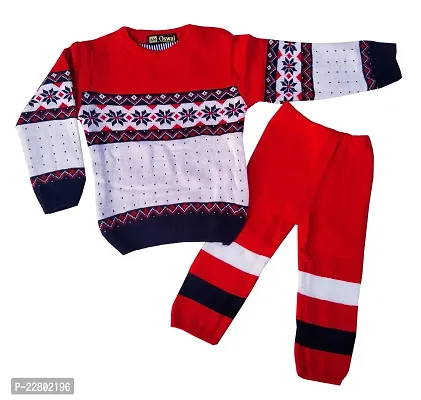 Unique Navy Red Color Full Sleeves Woolen Printed Round Neck Warm Sweater  Pant Set With Multicolor Striped