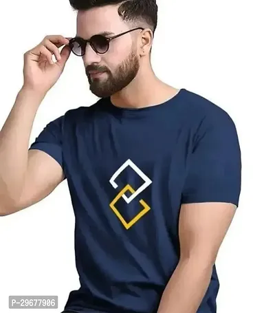 Stylish Blue Cotton Short Sleeves T-Shirt For Men-thumb0