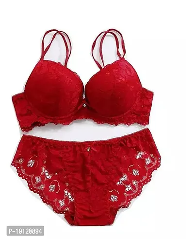 Stylish Red Solid Bra And Panty Set For Women