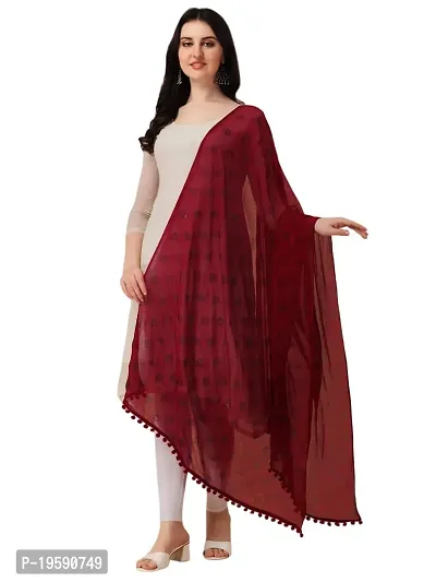 Nimidiya Beautiful Chiffon Flower Hand Print dupatta with Pum Pum Less for Women and Girls (MAROON)-thumb0