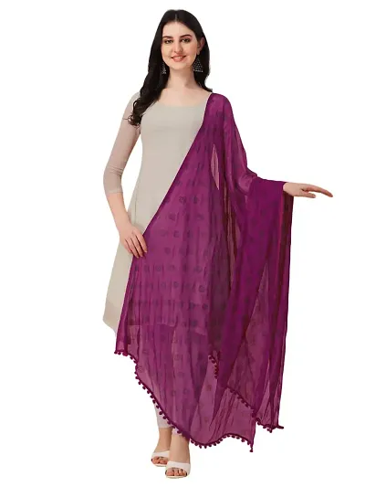 Nimidiya Beautiful Chiffon Flower Hand Print dupatta with Pum Pum Less for Women and Girls (PURPLE)