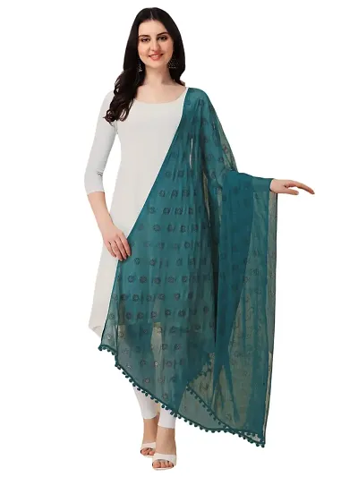 Nimidiya Beautiful Chiffon Flower Hand Print dupatta with Pum Pum Less for Women and Girls (PETROL)