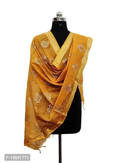 Nimidiya Wax Batik Resist Dye Hand Block Print Chanderi Silk Organic Colour Printed Dupatta For Women Gold White 2.25 Mt (MUSTERD 2)-thumb0