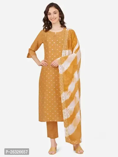 Fabulous Cotton Printed Kurta with Pant And Dupatta Set For Women-thumb0