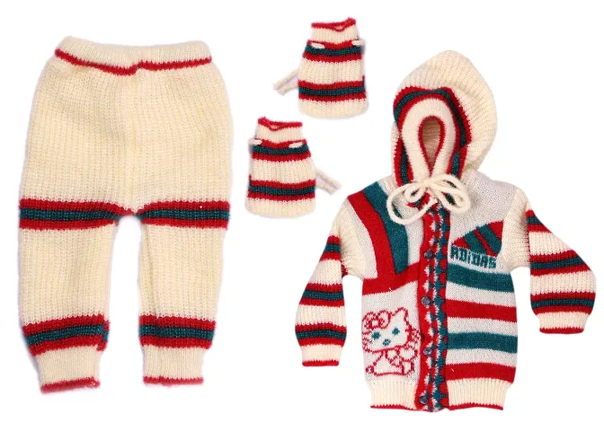 Shivarth Frock & Hooded Woolen Sweater with Payajami,Cap,Mittens Handmade Sweatshirt Cartoon Colour Block Printed Soft Comfort Set Winter Wear for Baby Girl & Boy