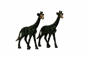 Aesthetic Decors Giraffe Standing Pair Antique Showpiece - 10.2 cm (Brass, Black, Green)-thumb1