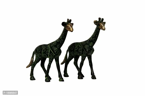 Aesthetic Decors Giraffe Standing Pair Antique Showpiece - 10.2 cm (Brass, Black, Green)-thumb2