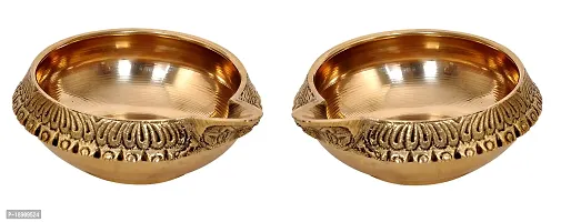 Aesthetic Decors Oil/Ghee Lamp Pair (Deepak) in Natural Gold Brass Table Diya Set (Height: 1 inch, Pack of 2)