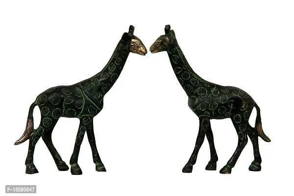 Aesthetic Decors Giraffe Standing Pair Antique Showpiece - 10.2 cm (Brass, Black, Green)