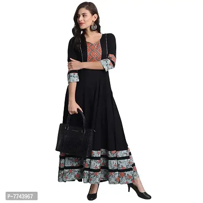 githaan Women's Casual Cotton Solid Flared Maxi Anarkali Dress (Black)