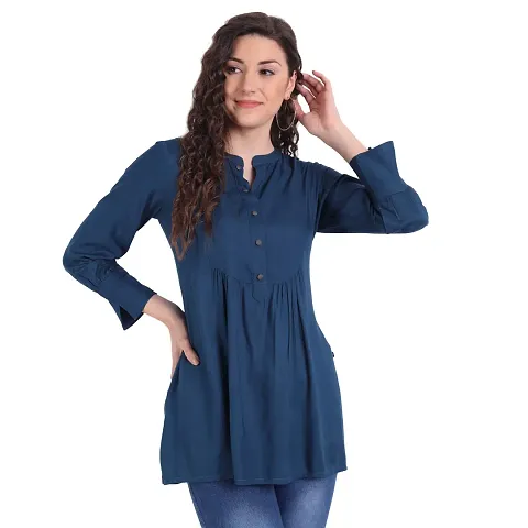 githaan Rayon Casual Tea Blue Solid Top for Girls and Women (Hip Length)