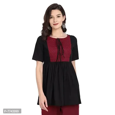 githaan Women's Cotton Casual Black Top (Black  Maroon)