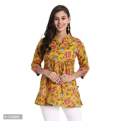 githaan Women's Cotton Casual Printed Yoke and Thread Work Detailing on Top (Mustard)-thumb0