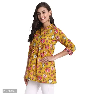 githaan Women's Cotton Casual Printed Yoke and Thread Work Detailing on Top (Mustard)-thumb3