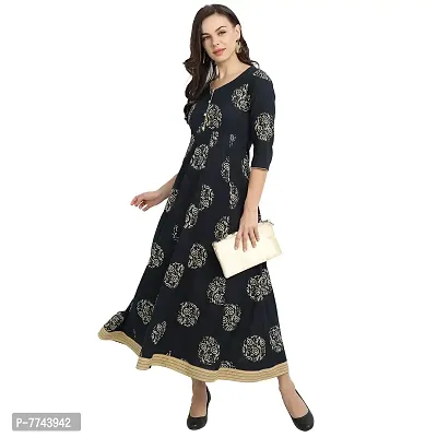 githaan Women's Cotton Casual Navy Blue Printed Dress