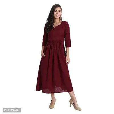 githaan Cotton Casual Solid Dress for Women and Girls in 48 Inch Length (Maroon)-thumb0