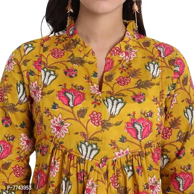 githaan Women's Cotton Casual Printed Yoke and Thread Work Detailing on Top (Mustard)-thumb5