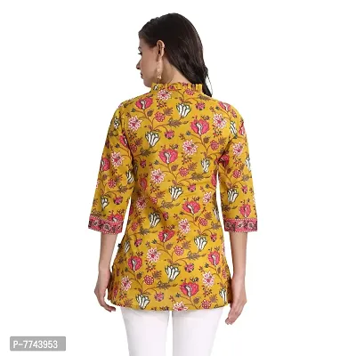 githaan Women's Cotton Casual Printed Yoke and Thread Work Detailing on Top (Mustard)-thumb2