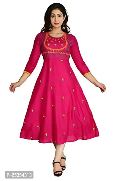 Stylish Rayon Pink Embroidered Knee Length Anarkali Kurta For Women