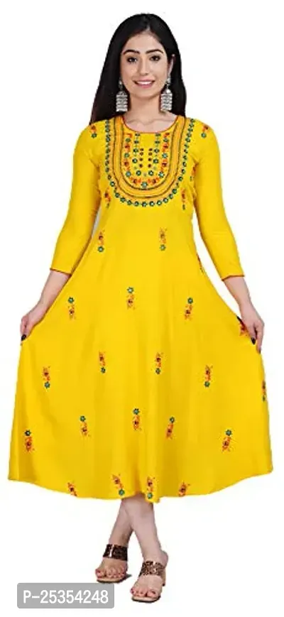 Stylish Rayon Yellow Embroidered Knee Length Anarkali Kurta For Women-thumb0