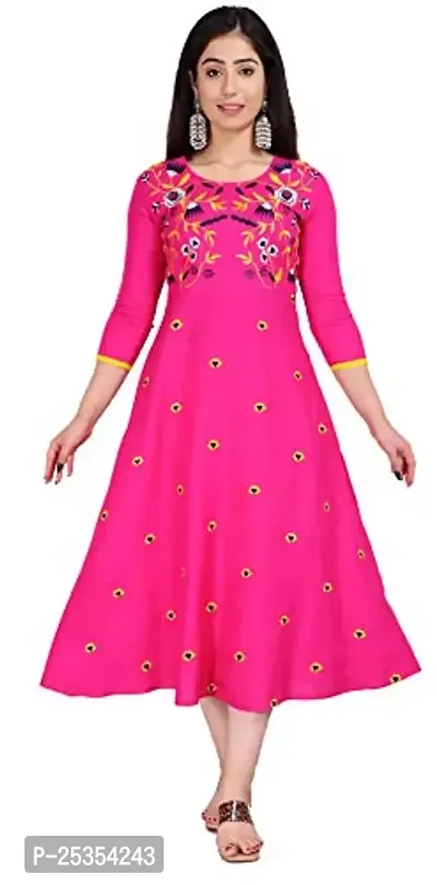 Stylish Rayon Pink Embroidered Knee Length Anarkali Kurta For Women