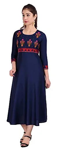 Stylish Rayon Navy Blue Embroidered Knee Length Anarkali Kurta For Women-thumb3