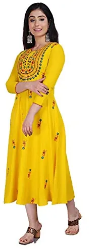 Stylish Rayon Yellow Embroidered Knee Length Anarkali Kurta For Women-thumb3