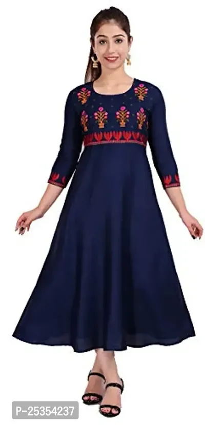 Stylish Rayon Navy Blue Embroidered Knee Length Anarkali Kurta For Women-thumb0