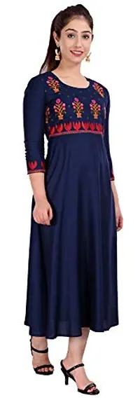 Stylish Rayon Navy Blue Embroidered Knee Length Anarkali Kurta For Women-thumb2