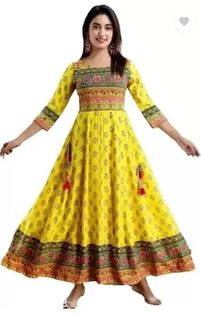 DIGITAL SHOPEE Rayon Printed Regular Wear Long Kurti | Kurta for Women & Girls - Yellow