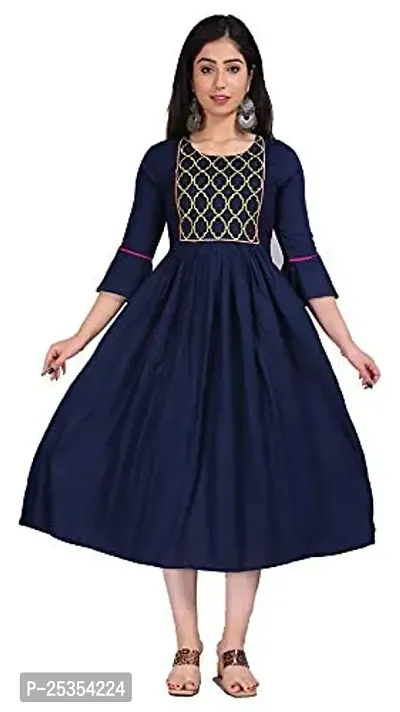 Stylish Rayon Navy Blue Embroidered Knee Length Anarkali Kurta For Women-thumb0