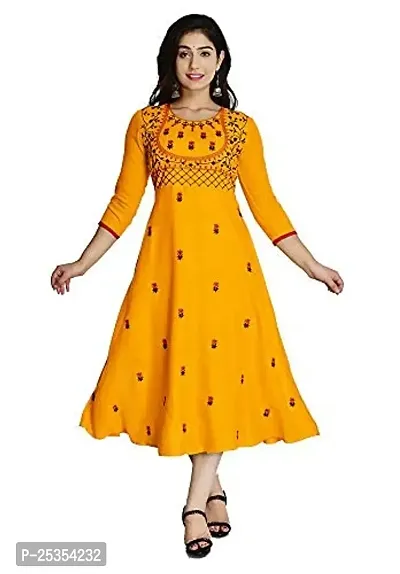 Stylish Rayon Yellow Embroidered Knee Length Anarkali Kurta For Women