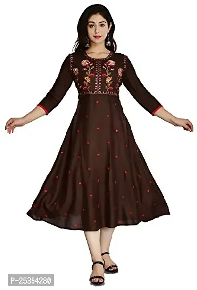 Stylish Rayon Brown Embroidered Knee Length Anarkali Kurta For Women