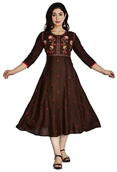 Stylish Rayon Embroidered Knee Length Anarkali Kurta For Women