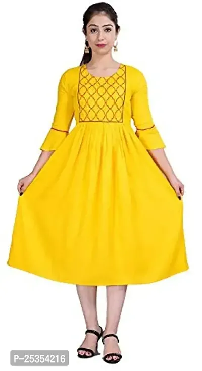 Stylish Rayon Yellow Embroidered Knee Length Anarkali Kurta For Women