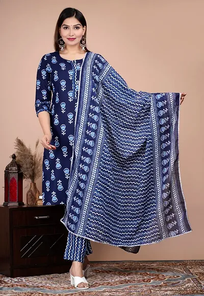 Stylish Rayon Straight Printed Kurta With Pant And Dupatta Set