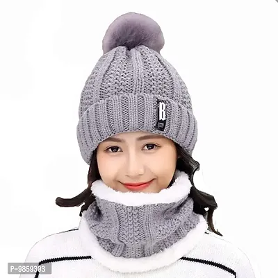 Dressify? Winter Soft Warm 1 Set Snow Proof Ball Cap (Inside Fur) Woolen Beanie Cap with Scarf for Women Girl Ladies Grey Color