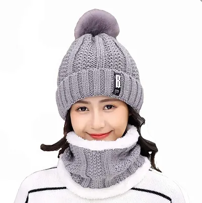 Dressify? Inter Soft Warm 1 Set Snow Proof Ball Cap (Inside Fur) Woolen Beanie Cap with Scarf for Women Girl Ladies