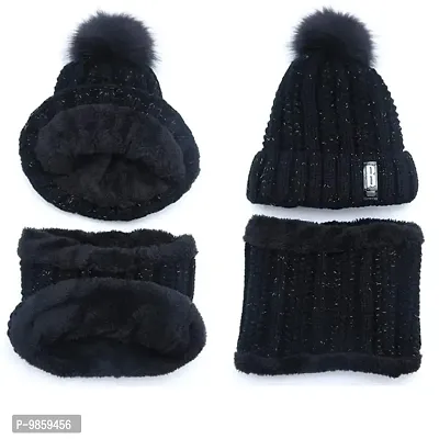 Dressify? Winter Soft Warm 1 Set Snow Proof Ball Cap (Inside Fur) Woolen Beanie Cap with Scarf for Women Girl Ladies Black Color-thumb4