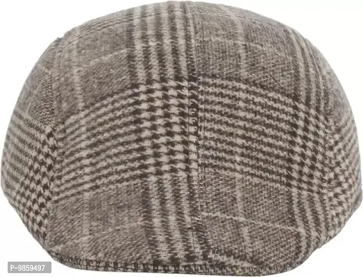 Dressify? Unisex Autumn and Winter Plaid Cap Brushed Fabric Warm Beret Couple hat, Winter hat, Flat Glof Cap with Ear Flap, Newboys Cap Brown Color-thumb5