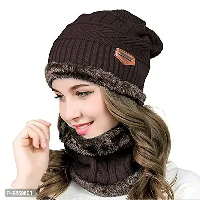 Dressify? Winter Hat Scarf Set Women Plush Velvet Thick Women Face Caps Hood Men Outdoor Ear Protection Neck Warmer Scarf Knitted Hat Brown Color-thumb0