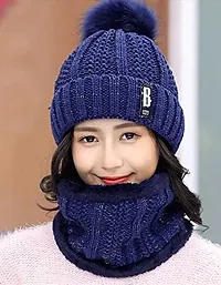 Dressify? Winter Soft Warm 1 Set Snow Proof Ball Cap (Inside Fur) Woolen Beanie Cap with Scarf for Women Girl Ladies Blue Color-thumb2