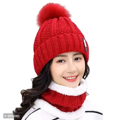 Dressify? Winter Soft Warm 1 Set Snow Proof Ball Cap (Inside Fur) Woolen Beanie Cap with Scarf for Women Girl Ladies Red Color